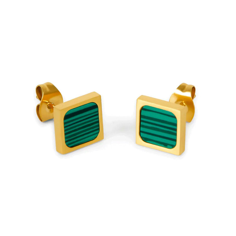 Geometric Green Stone Earrings – 18K Gold Plated