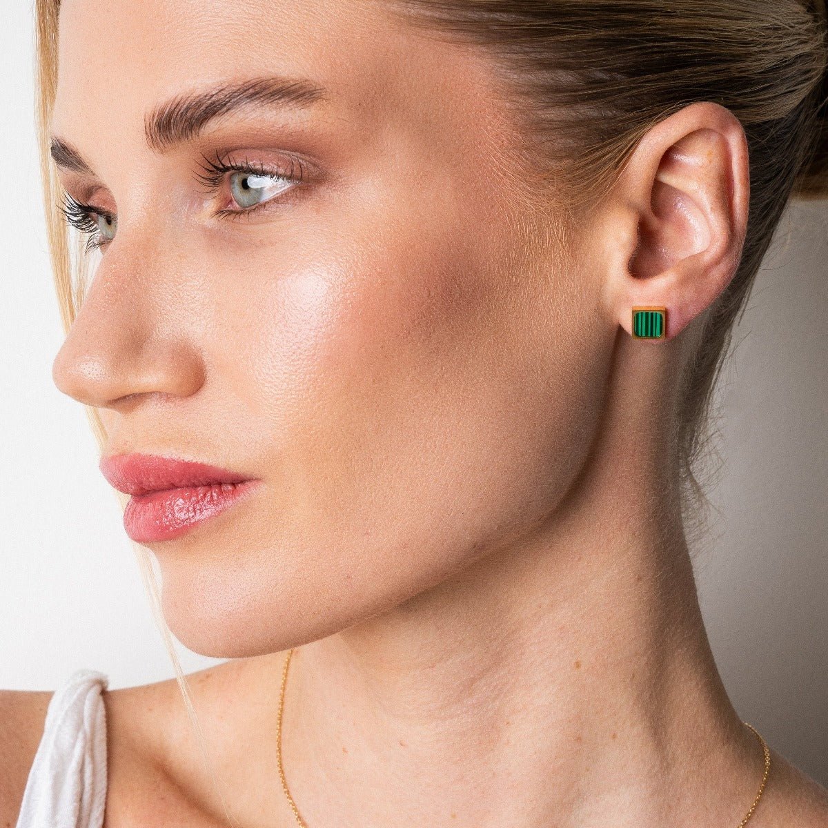 Geometric Green Stone Earrings – 18K Gold Plated
