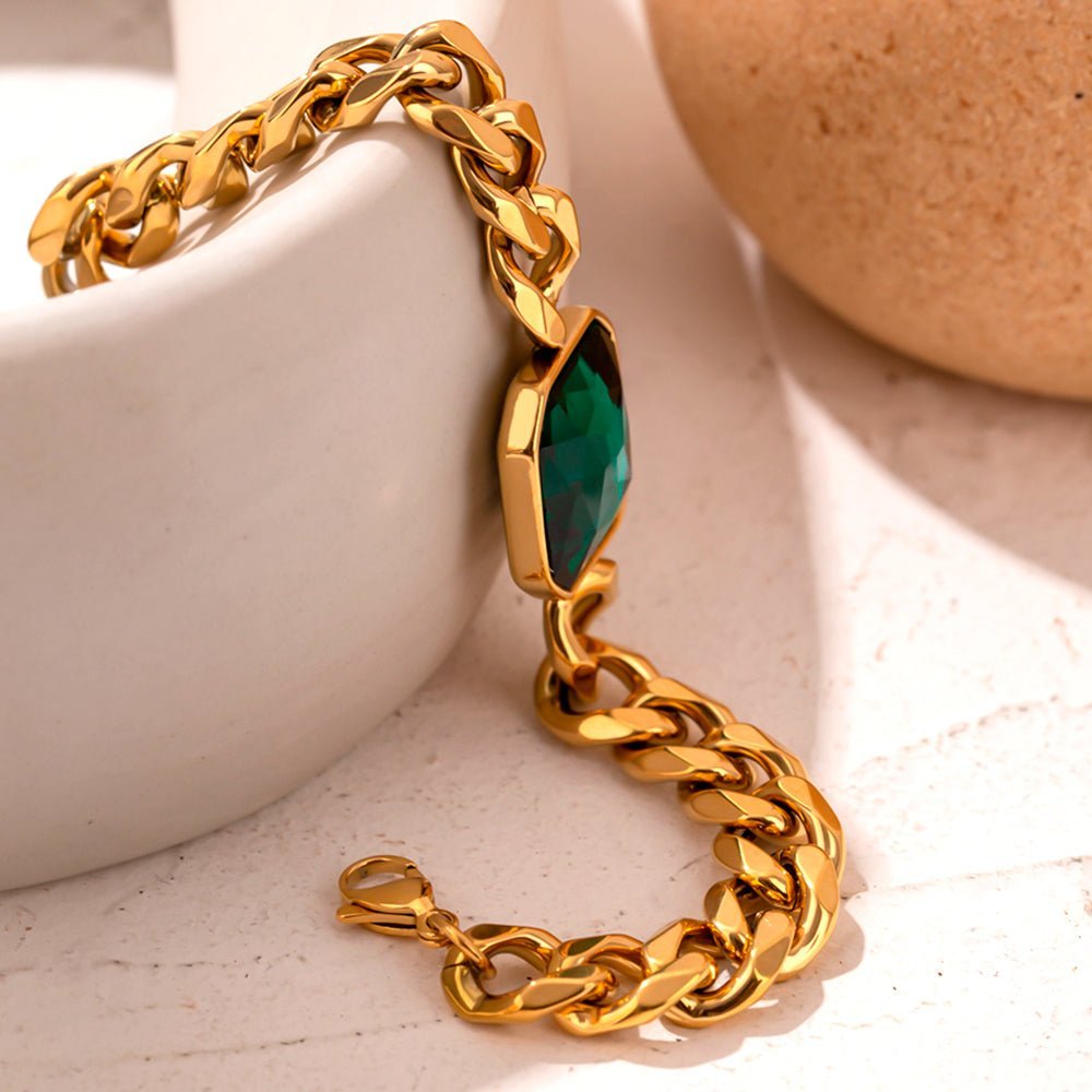 Green Crystal Chain Bracelet - 18K Gold Plated - Aurielle London